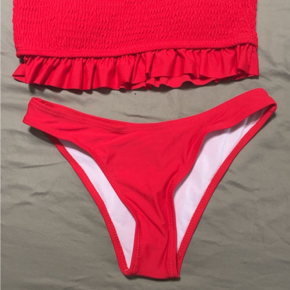 Red Bikini Bottom with Ruffled Bandeau Top